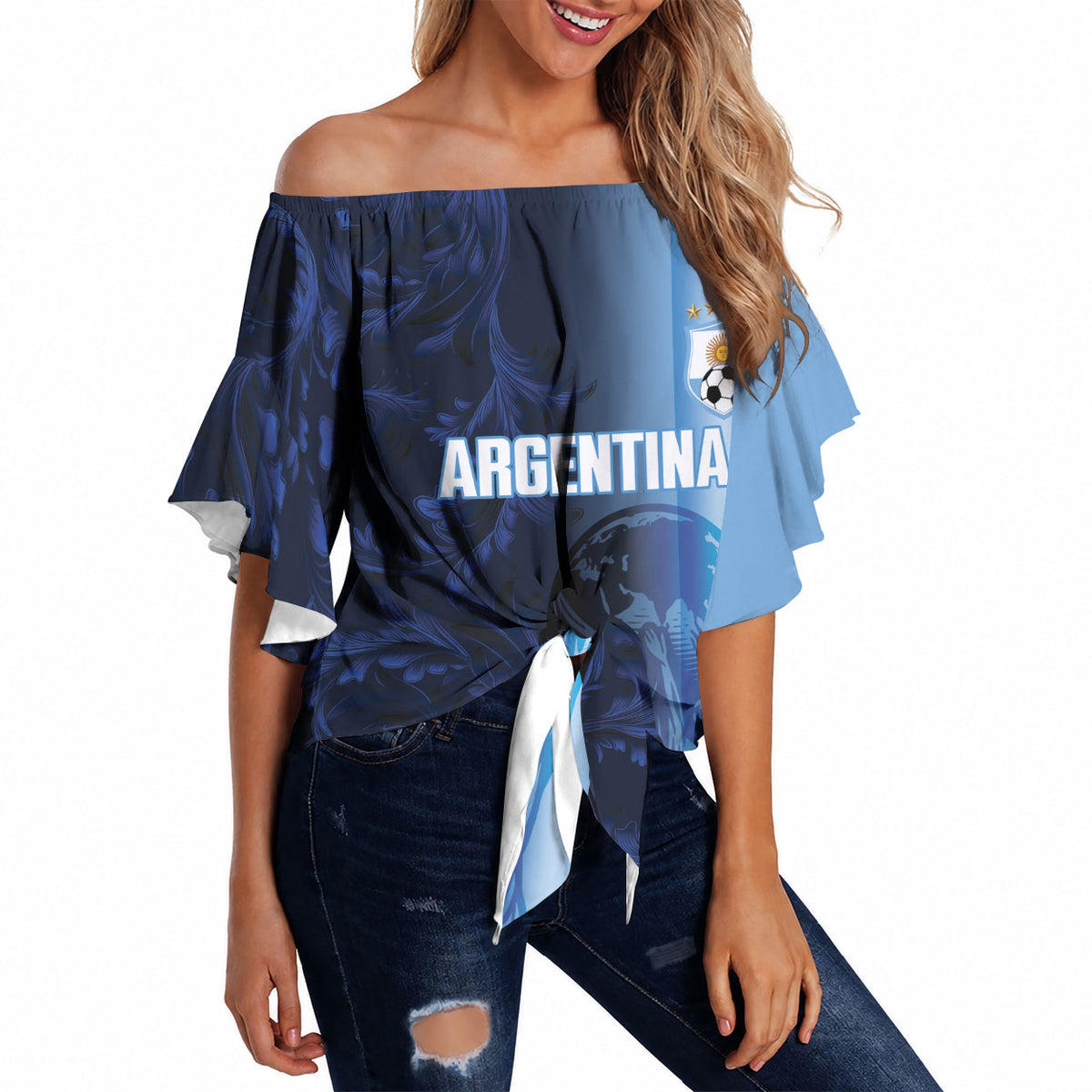 Custom Argentina World Football 2026 Off Shoulder Wrap Waist Top La Albiceleste 4th Champion Proud
