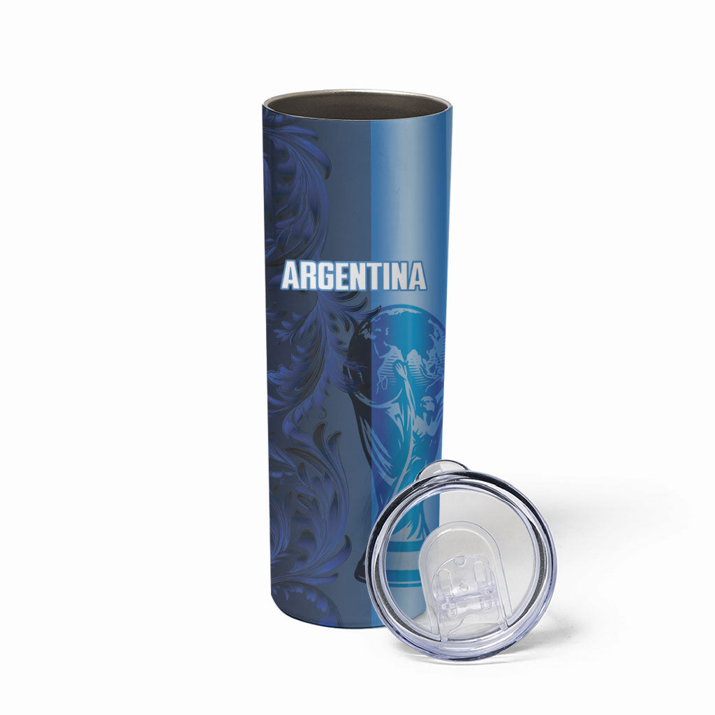 Custom Argentina World Football 2026 Skinny Tumbler La Albiceleste 4th Champion Proud