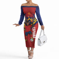 Custom Spain World Football 2026 Off The Shoulder Long Sleeve Dress La Roja 2nd Champion Proud