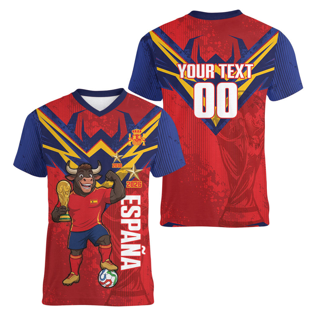 Custom Spain World Football 2026 Women V-Neck T-Shirt La Roja 2nd Champion Proud