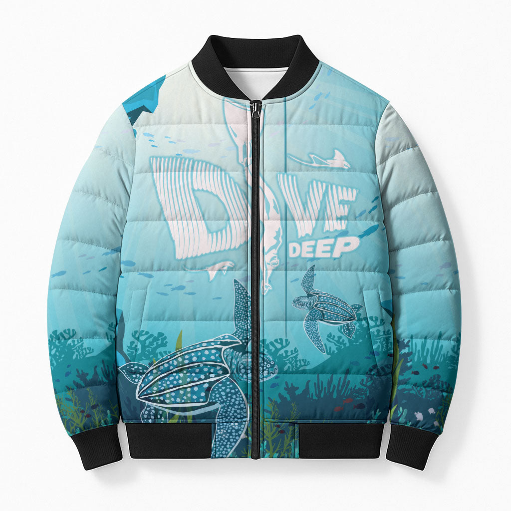 Personalized Dominica Freediving Bomber Puffer Jacket Leatherback Sea Turtle Ocean Style