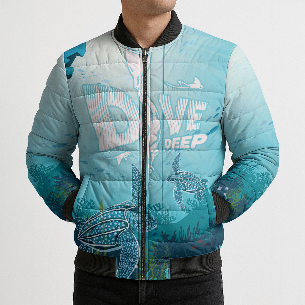 Personalized Dominica Freediving Bomber Puffer Jacket Leatherback Sea Turtle Ocean Style