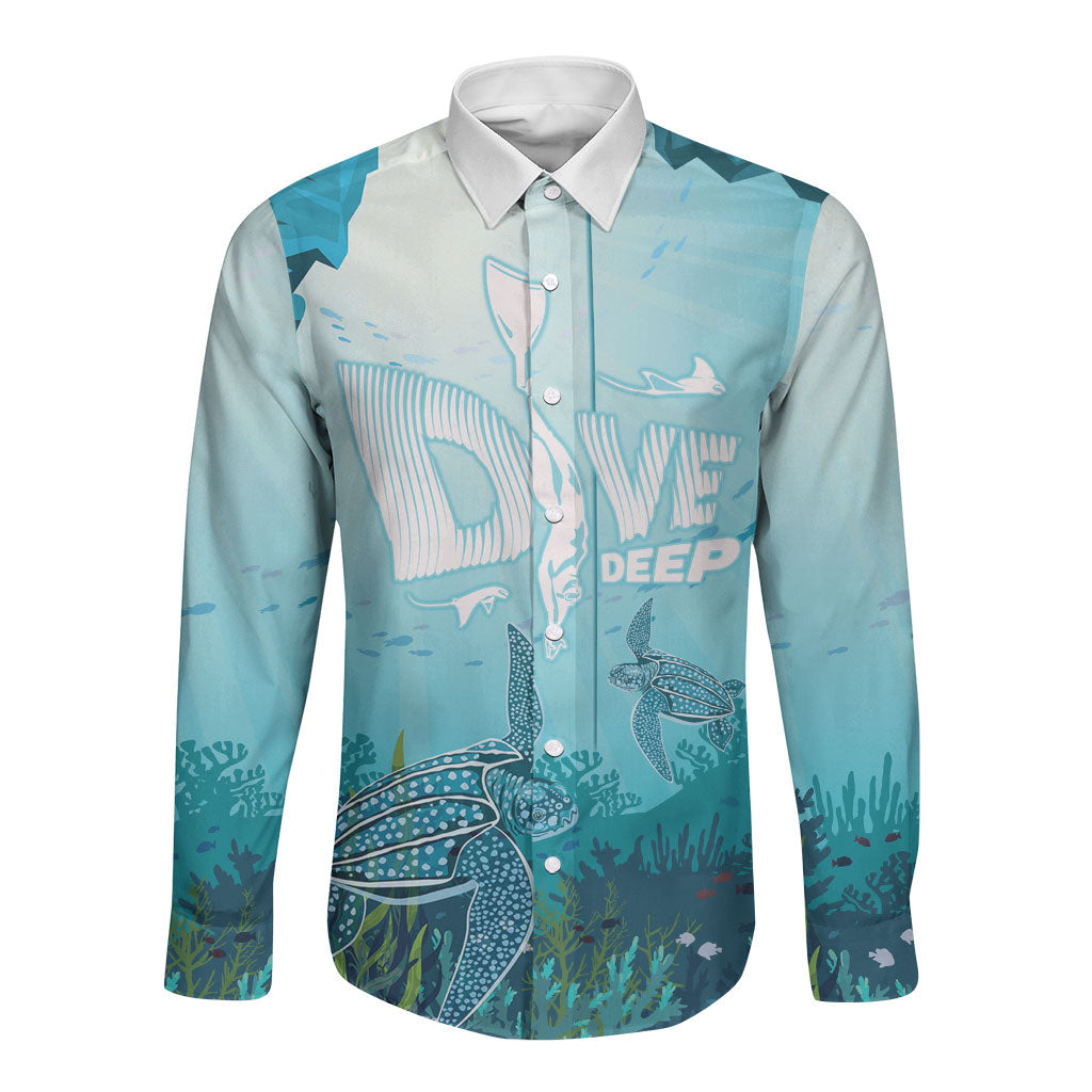 Personalized Dominica Freediving Long Sleeve Button Shirt Leatherback Sea Turtle Ocean Style