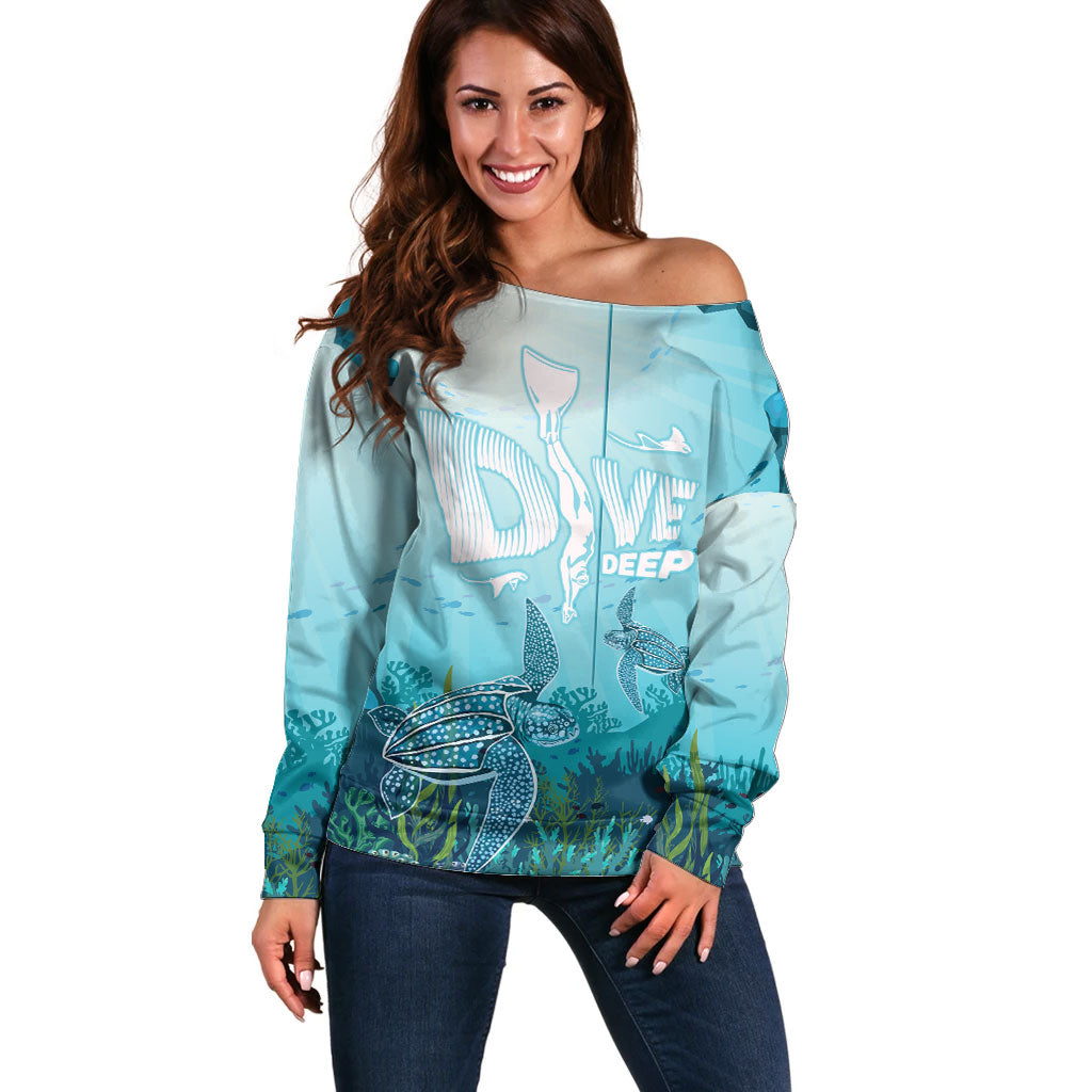 Personalized Dominica Freediving Off Shoulder Sweater Leatherback Sea Turtle Ocean Style