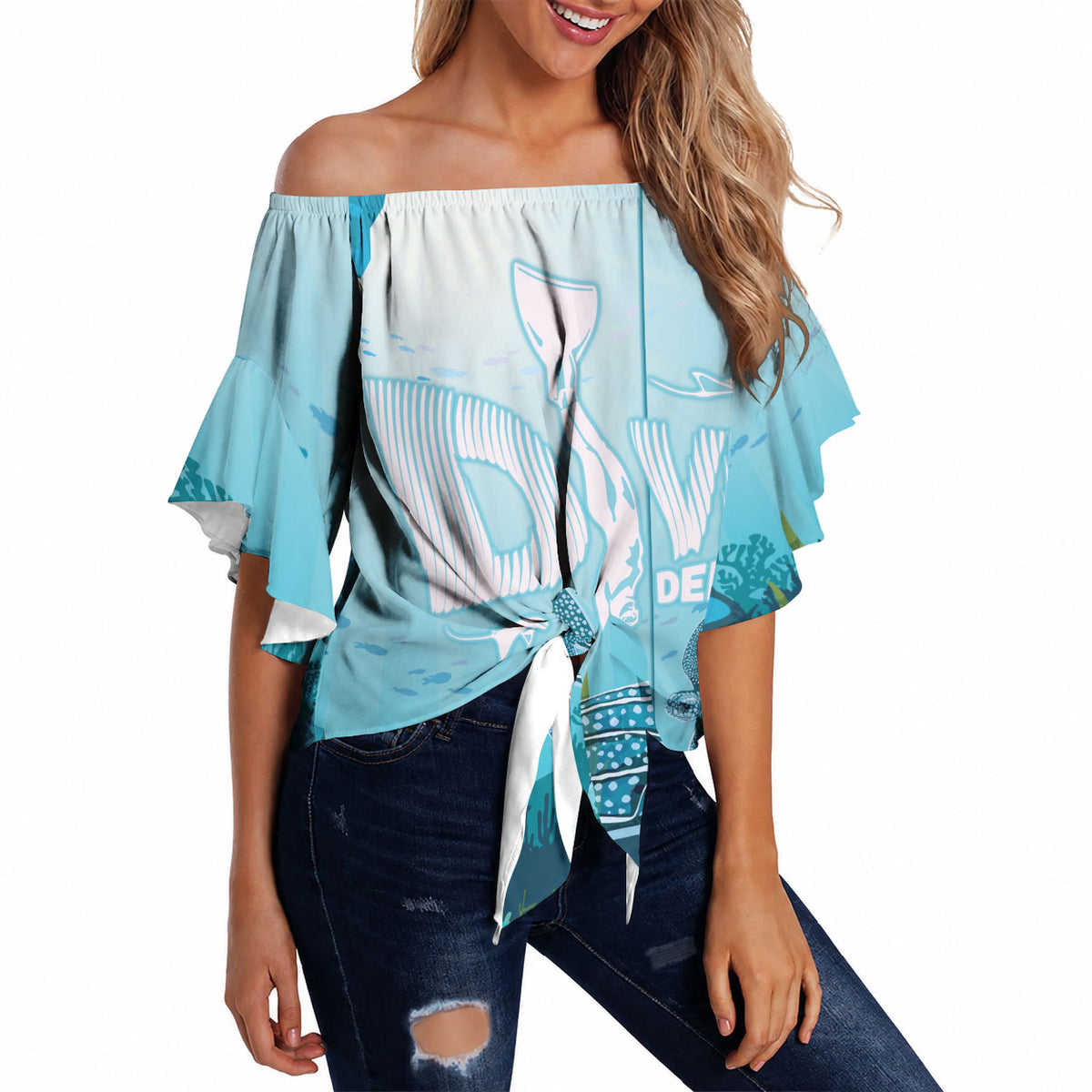 Personalized Dominica Freediving Off Shoulder Wrap Waist Top Leatherback Sea Turtle Ocean Style