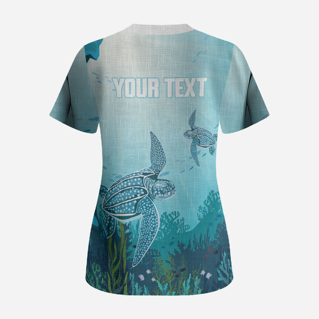 Personalized Dominica Freediving Scrub Top Leatherback Sea Turtle Ocean Style