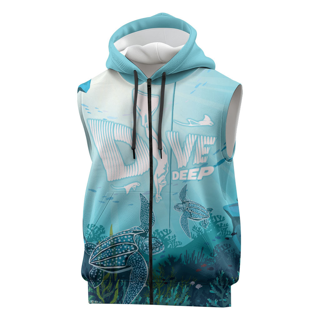 Personalized Dominica Freediving Sleeveless Zip Hoodie Leatherback Sea Turtle Ocean Style