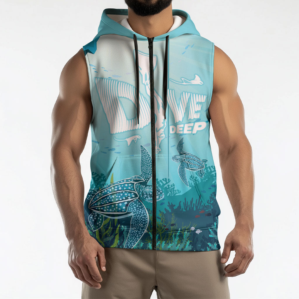 Personalized Dominica Freediving Sleeveless Zip Hoodie Leatherback Sea Turtle Ocean Style