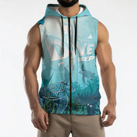 Personalized Dominica Freediving Sleeveless Zip Hoodie Leatherback Sea Turtle Ocean Style