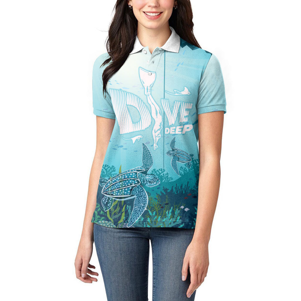 Personalized Dominica Freediving Women Polo Shirt Leatherback Sea Turtle Ocean Style