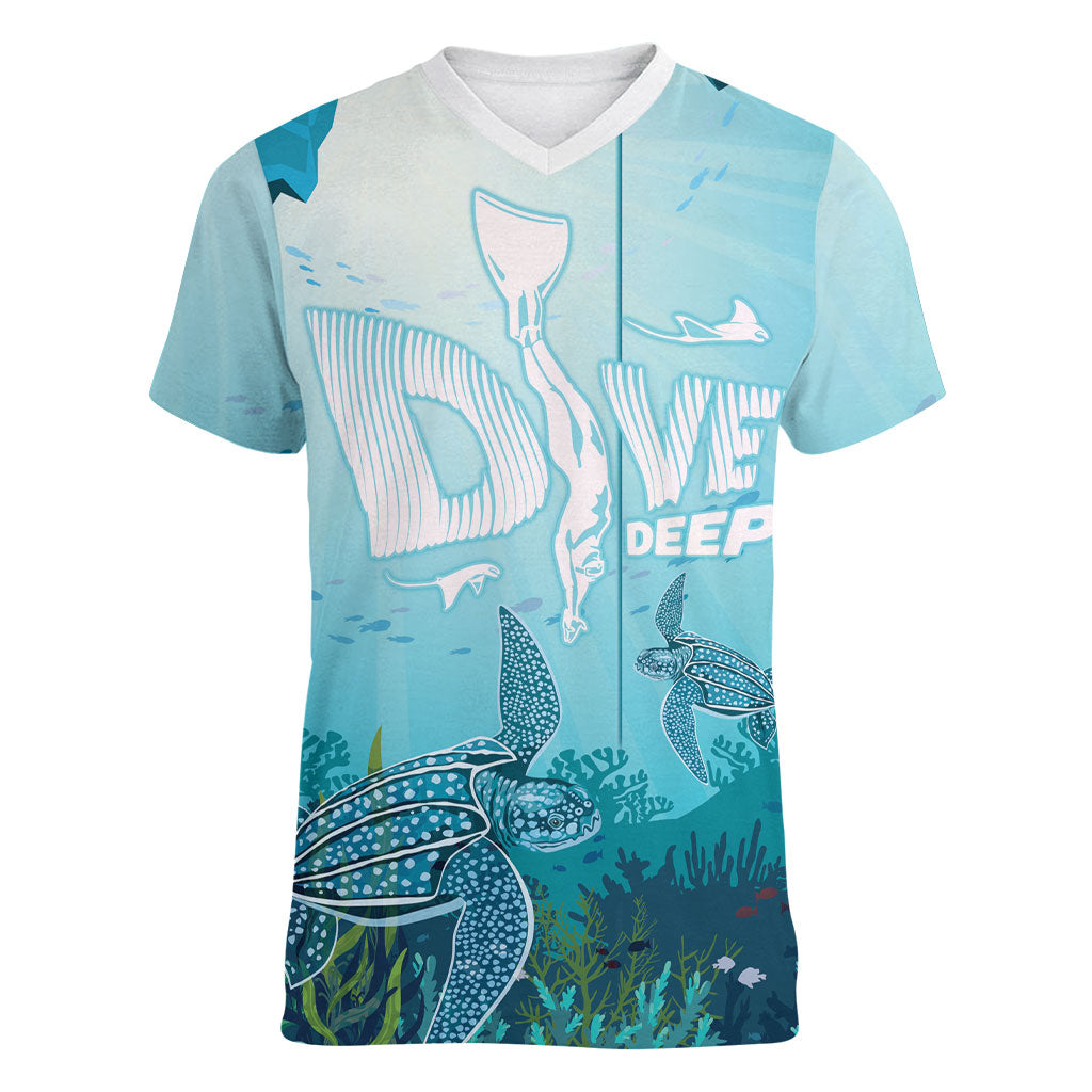 Personalized Dominica Freediving Women V-Neck T-Shirt Leatherback Sea Turtle Ocean Style