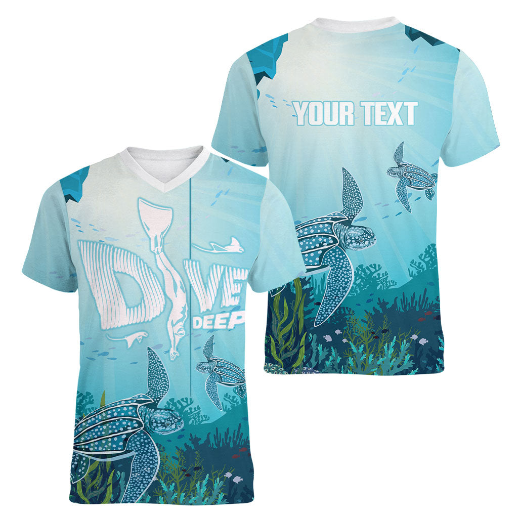 Personalized Dominica Freediving Women V-Neck T-Shirt Leatherback Sea Turtle Ocean Style