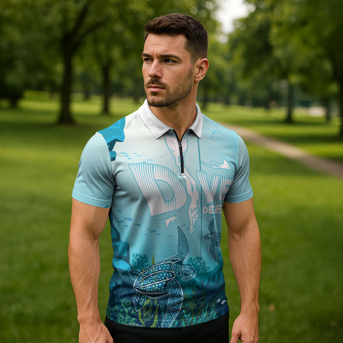 Personalized Dominica Freediving Zipper Polo Shirt Leatherback Sea Turtle Ocean Style