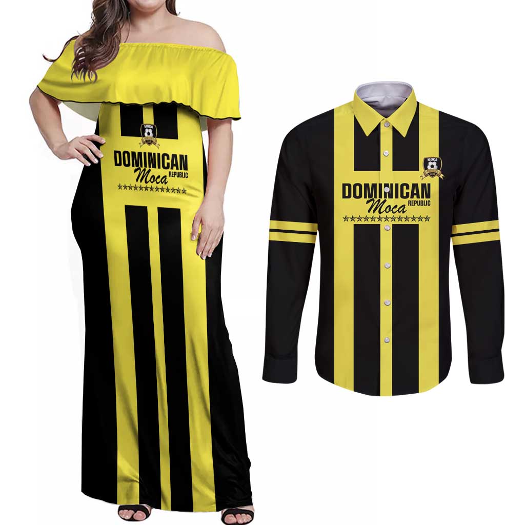 Moca Dominican Republic Football Custom Couples Matching Off Shoulder Maxi Dress and Long Sleeve Button Shirt 2025 Come On The Cradle - Wonder Print Shop