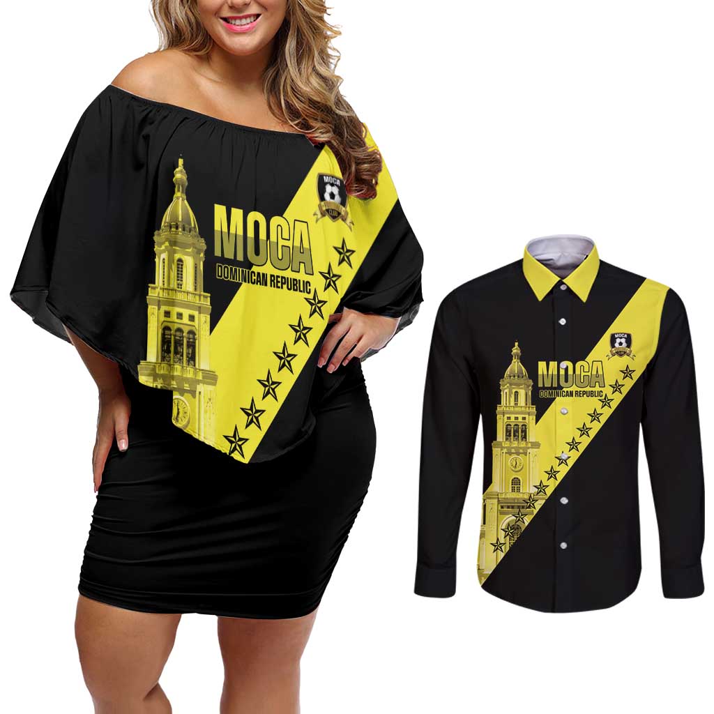 Cradle Of Dominican Republic Football Custom Couples Matching Off Shoulder Short Dress and Long Sleeve Button Shirt Go Moca Diagonal Style - Wonder Print Shop