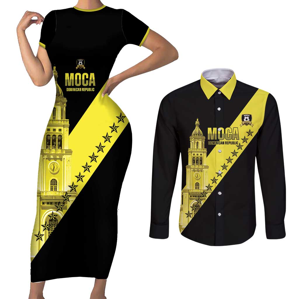 Cradle Of Dominican Republic Football Custom Couples Matching Short Sleeve Bodycon Dress and Long Sleeve Button Shirt Go Moca Diagonal Style - Wonder Print Shop