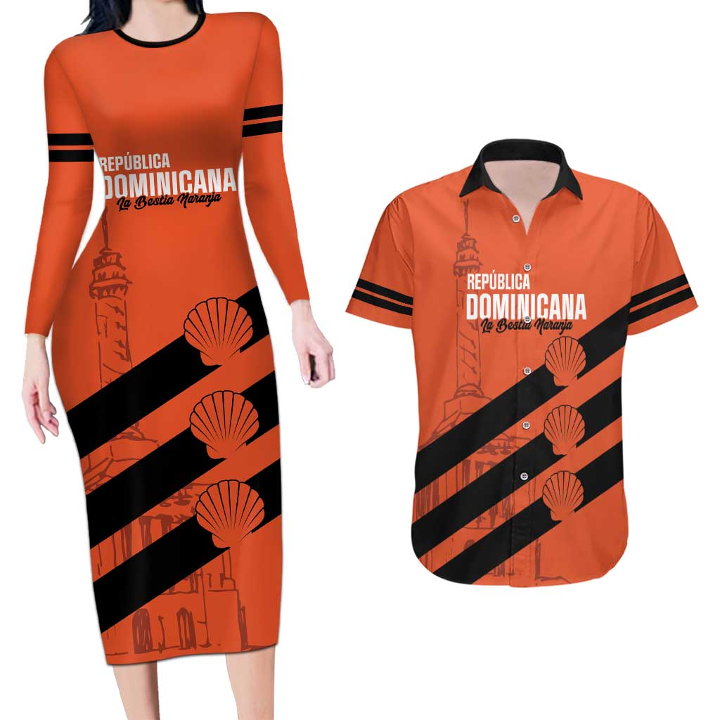 Cibao Dominican Republic Football Custom Couples Matching Long Sleeve Bodycon Dress and Hawaiian Shirt Vamos La Bestia Naranja - Wonder Print Shop