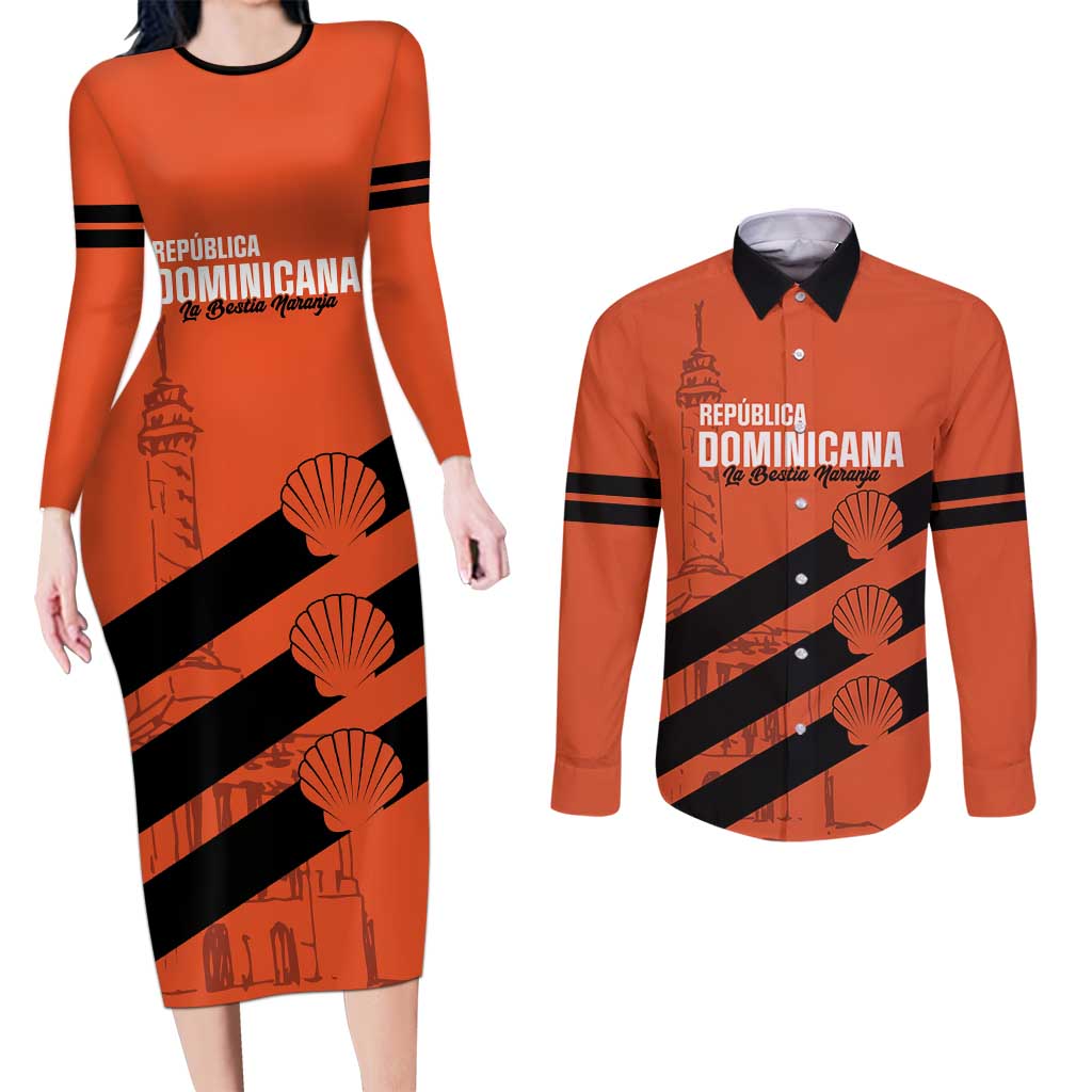 Cibao Dominican Republic Football Custom Couples Matching Long Sleeve Bodycon Dress and Long Sleeve Button Shirt Vamos La Bestia Naranja - Wonder Print Shop