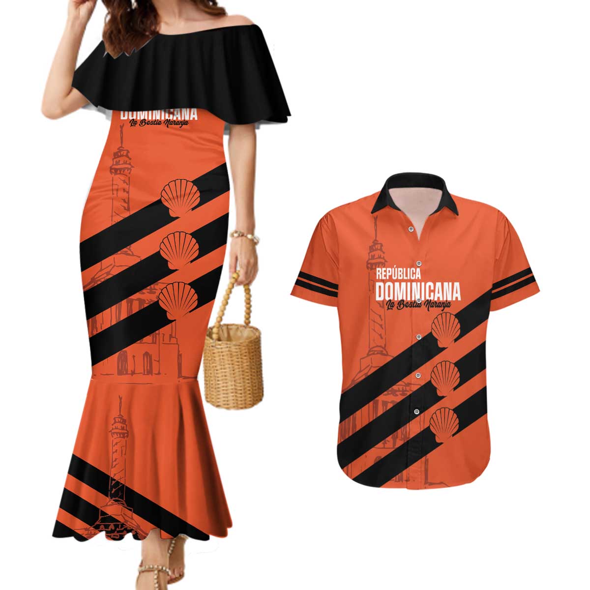 Cibao Dominican Republic Football Custom Couples Matching Mermaid Dress and Hawaiian Shirt Vamos La Bestia Naranja - Wonder Print Shop