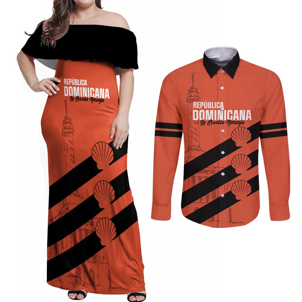 Cibao Dominican Republic Football Custom Couples Matching Off Shoulder Maxi Dress and Long Sleeve Button Shirt Vamos La Bestia Naranja - Wonder Print Shop