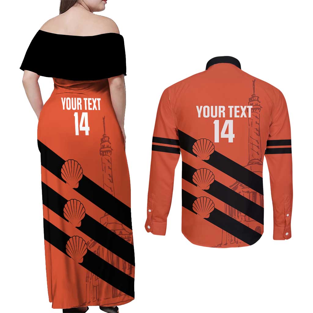 Cibao Dominican Republic Football Custom Couples Matching Off Shoulder Maxi Dress and Long Sleeve Button Shirt Vamos La Bestia Naranja - Wonder Print Shop