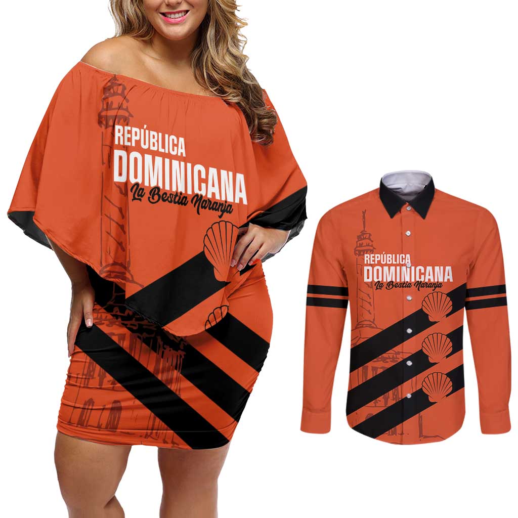 Cibao Dominican Republic Football Custom Couples Matching Off Shoulder Short Dress and Long Sleeve Button Shirt Vamos La Bestia Naranja - Wonder Print Shop
