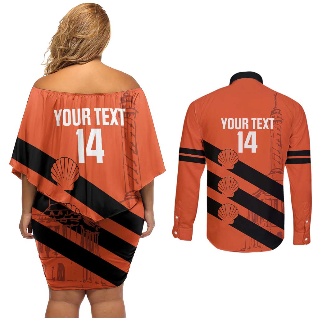 Cibao Dominican Republic Football Custom Couples Matching Off Shoulder Short Dress and Long Sleeve Button Shirt Vamos La Bestia Naranja - Wonder Print Shop