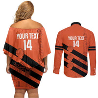 Cibao Dominican Republic Football Custom Couples Matching Off Shoulder Short Dress and Long Sleeve Button Shirt Vamos La Bestia Naranja - Wonder Print Shop