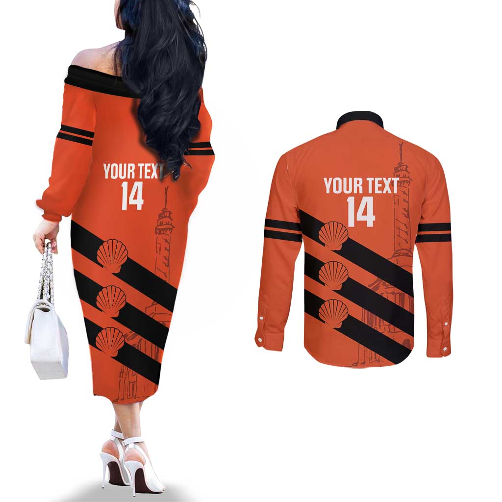 Cibao Dominican Republic Football Custom Couples Matching Off The Shoulder Long Sleeve Dress and Long Sleeve Button Shirt Vamos La Bestia Naranja - Wonder Print Shop