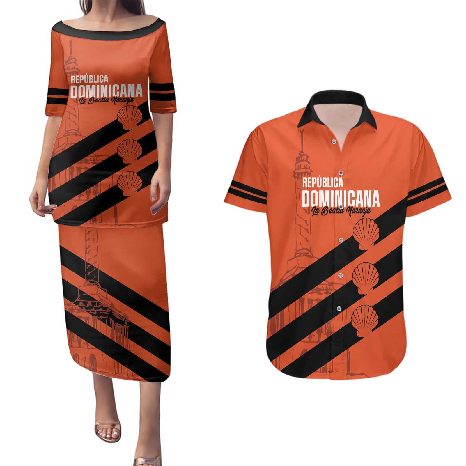 Cibao Dominican Republic Football Custom Couples Matching Puletasi and Hawaiian Shirt Vamos La Bestia Naranja - Wonder Print Shop