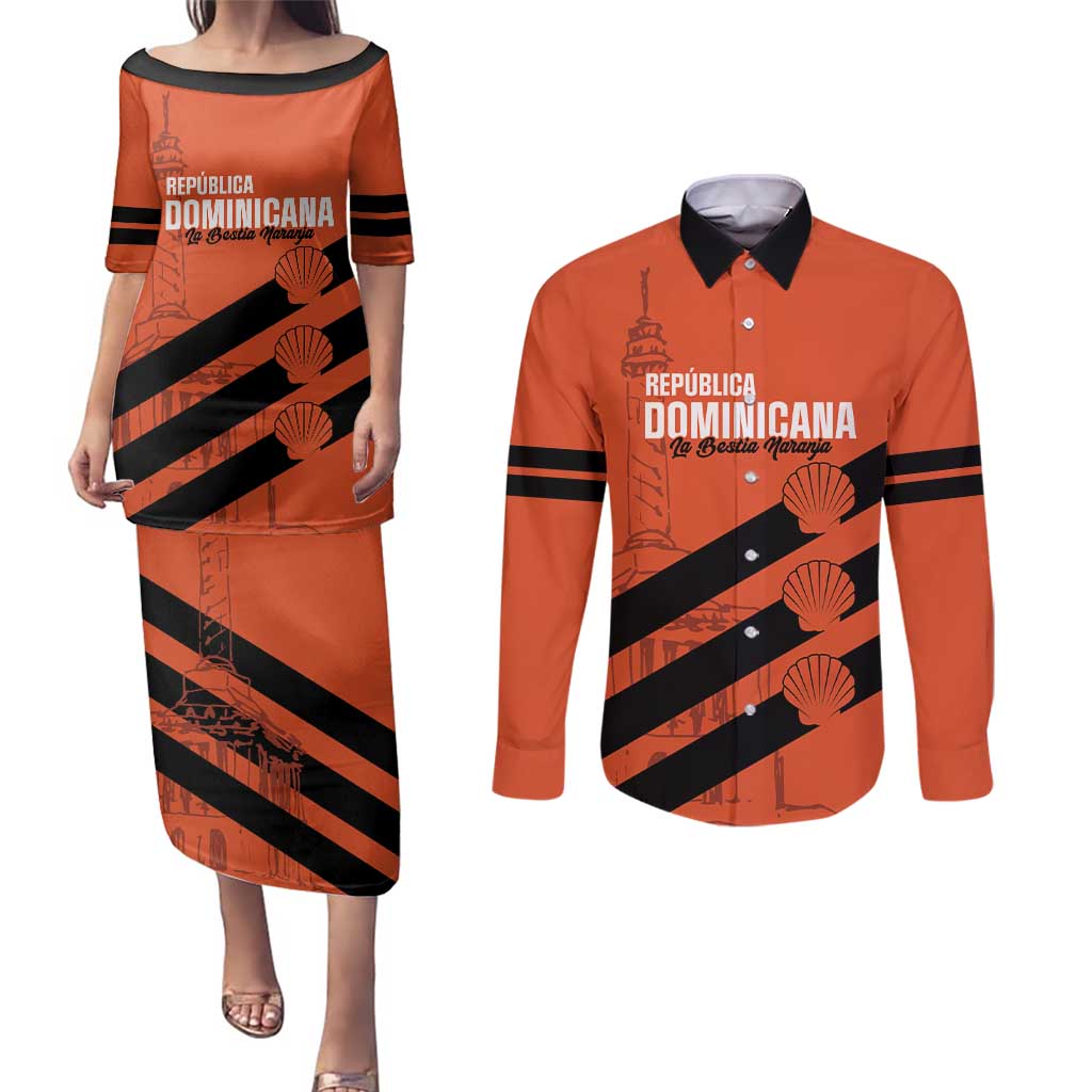Cibao Dominican Republic Football Custom Couples Matching Puletasi and Long Sleeve Button Shirt Vamos La Bestia Naranja - Wonder Print Shop