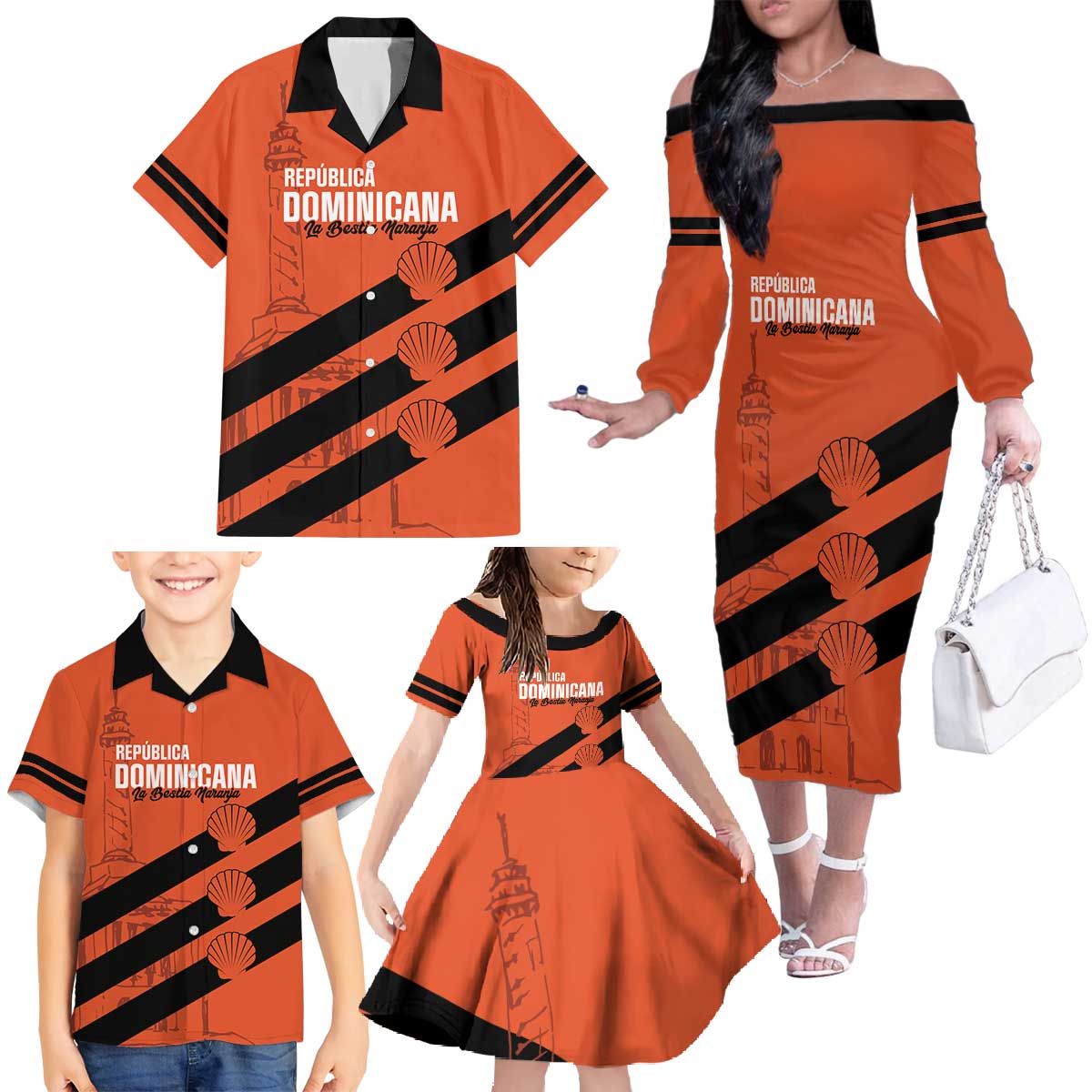 Cibao Dominican Republic Football Custom Family Matching Off The Shoulder Long Sleeve Dress and Hawaiian Shirt Vamos La Bestia Naranja - Wonder Print Shop
