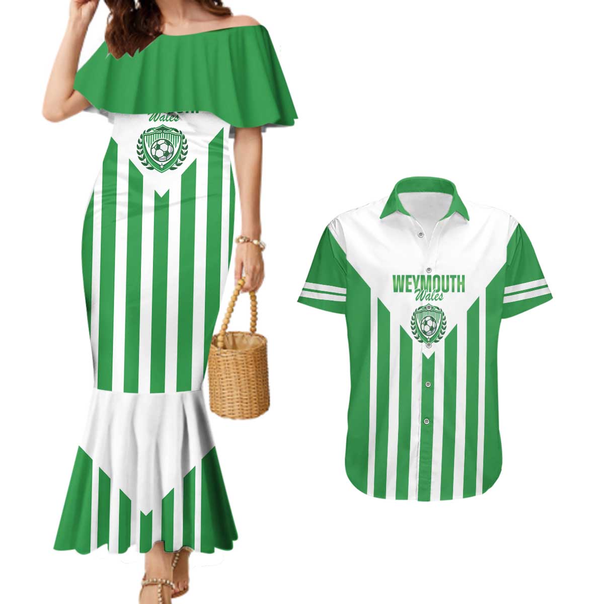 Weymouth Barbados Football Custom Couples Matching Mermaid Dress and Hawaiian Shirt Come On Wales - Wonder Print Shop