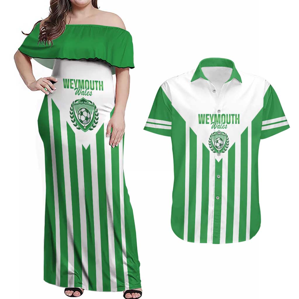 Weymouth Barbados Football Custom Couples Matching Off Shoulder Maxi Dress and Hawaiian Shirt Come On Wales - Wonder Print Shop