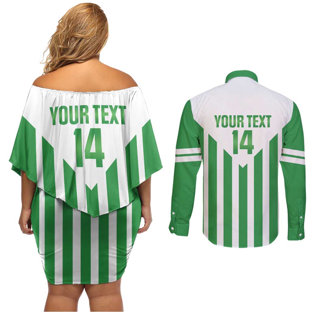 Weymouth Barbados Football Custom Couples Matching Off Shoulder Short Dress and Long Sleeve Button Shirt Come On Wales - Wonder Print Shop