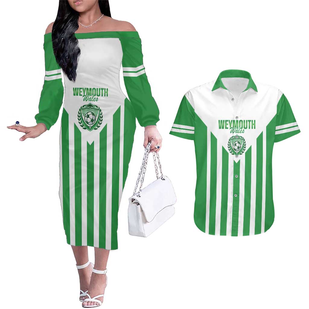 Weymouth Barbados Football Custom Couples Matching Off The Shoulder Long Sleeve Dress and Hawaiian Shirt Come On Wales - Wonder Print Shop