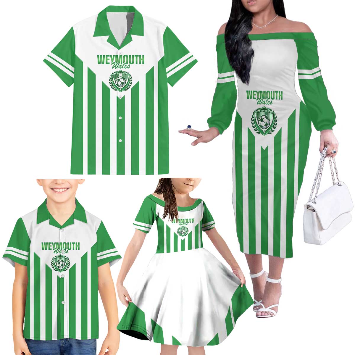 Weymouth Barbados Football Custom Family Matching Off The Shoulder Long Sleeve Dress and Hawaiian Shirt Come On Wales - Wonder Print Shop