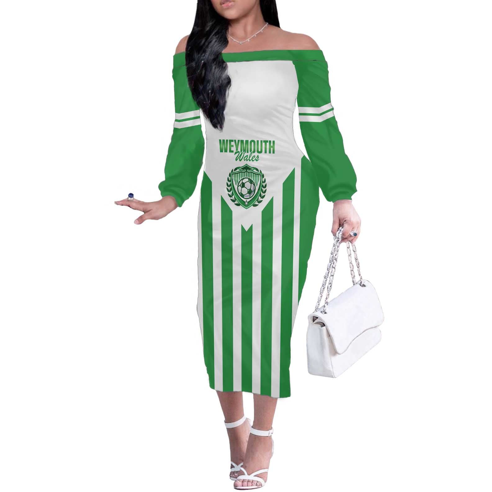 Weymouth Barbados Football Custom Off The Shoulder Long Sleeve Dress Come On Wales - Wonder Print Shop