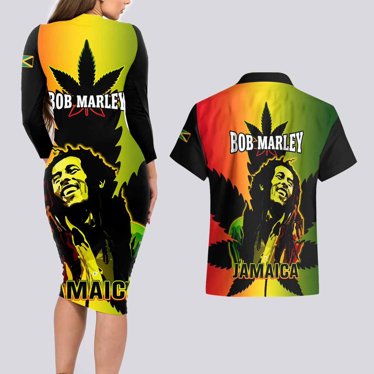 Jamaica Legend Bob Couples Matching Long Sleeve Bodycon Dress and Hawaiian Shirt The King Of Reggae - Wonder Print Shop