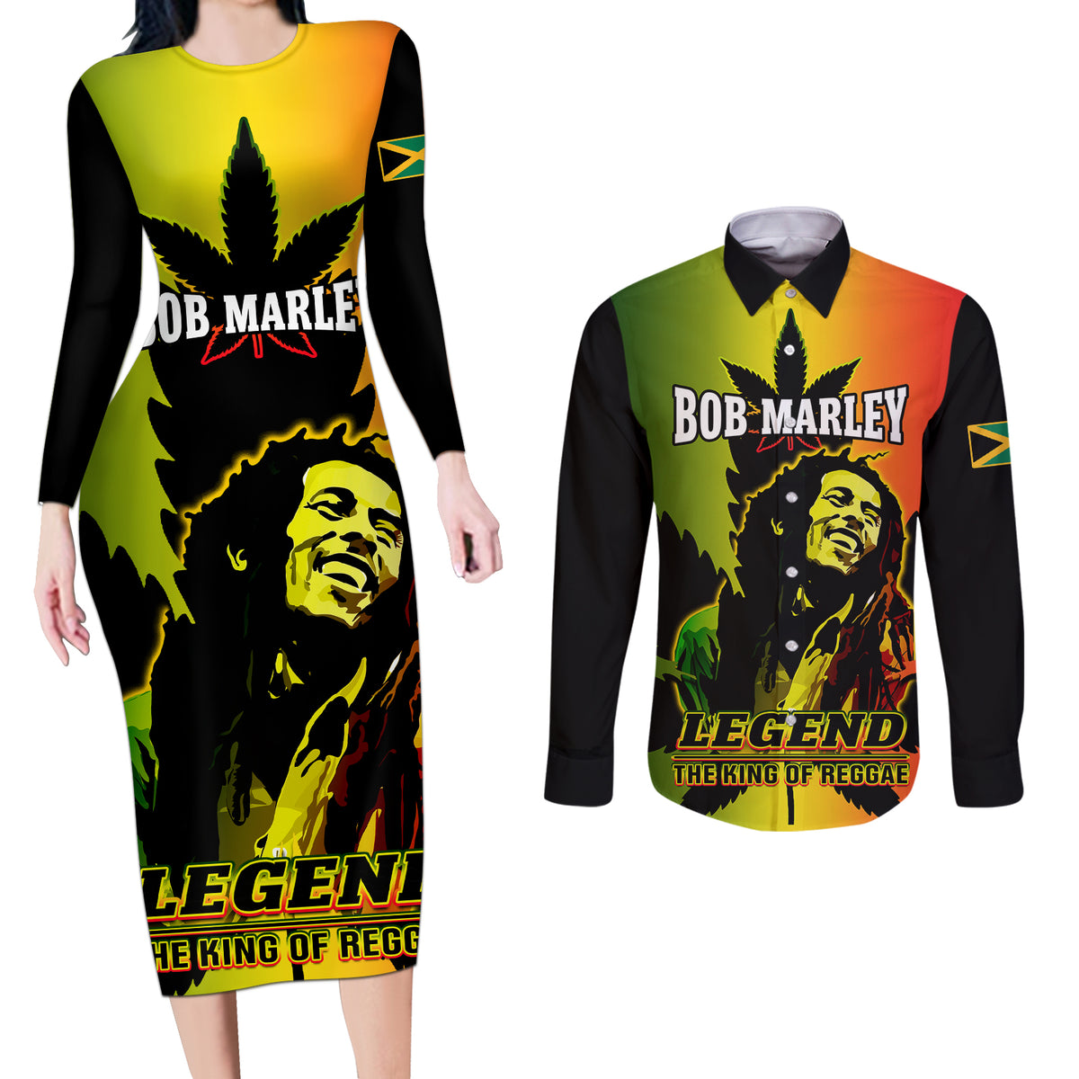 Jamaica Legend Bob Couples Matching Long Sleeve Bodycon Dress and Long Sleeve Button Shirts The King Of Reggae - Wonder Print Shop