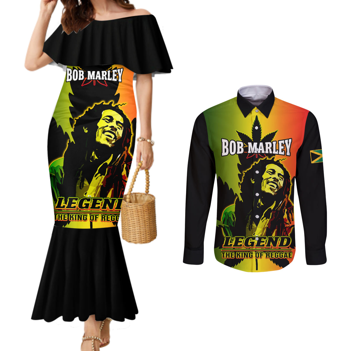 jamaica-bob-marley-couples-matching-mermaid-dress-and-long-sleeve-button-shirts-the-king-of-reggae
