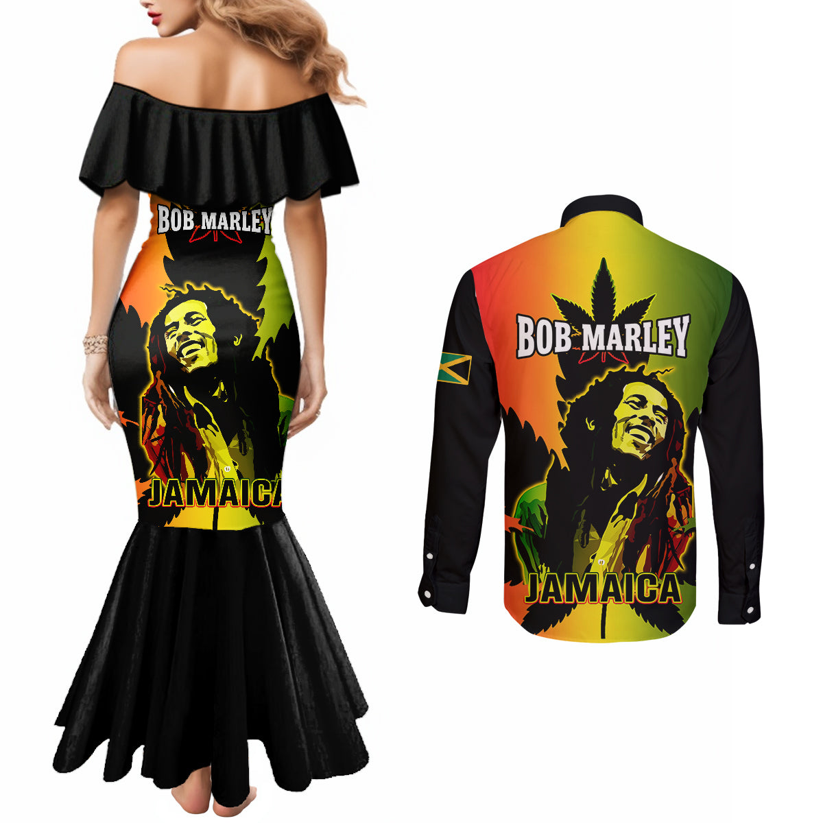 jamaica-bob-marley-couples-matching-mermaid-dress-and-long-sleeve-button-shirts-the-king-of-reggae