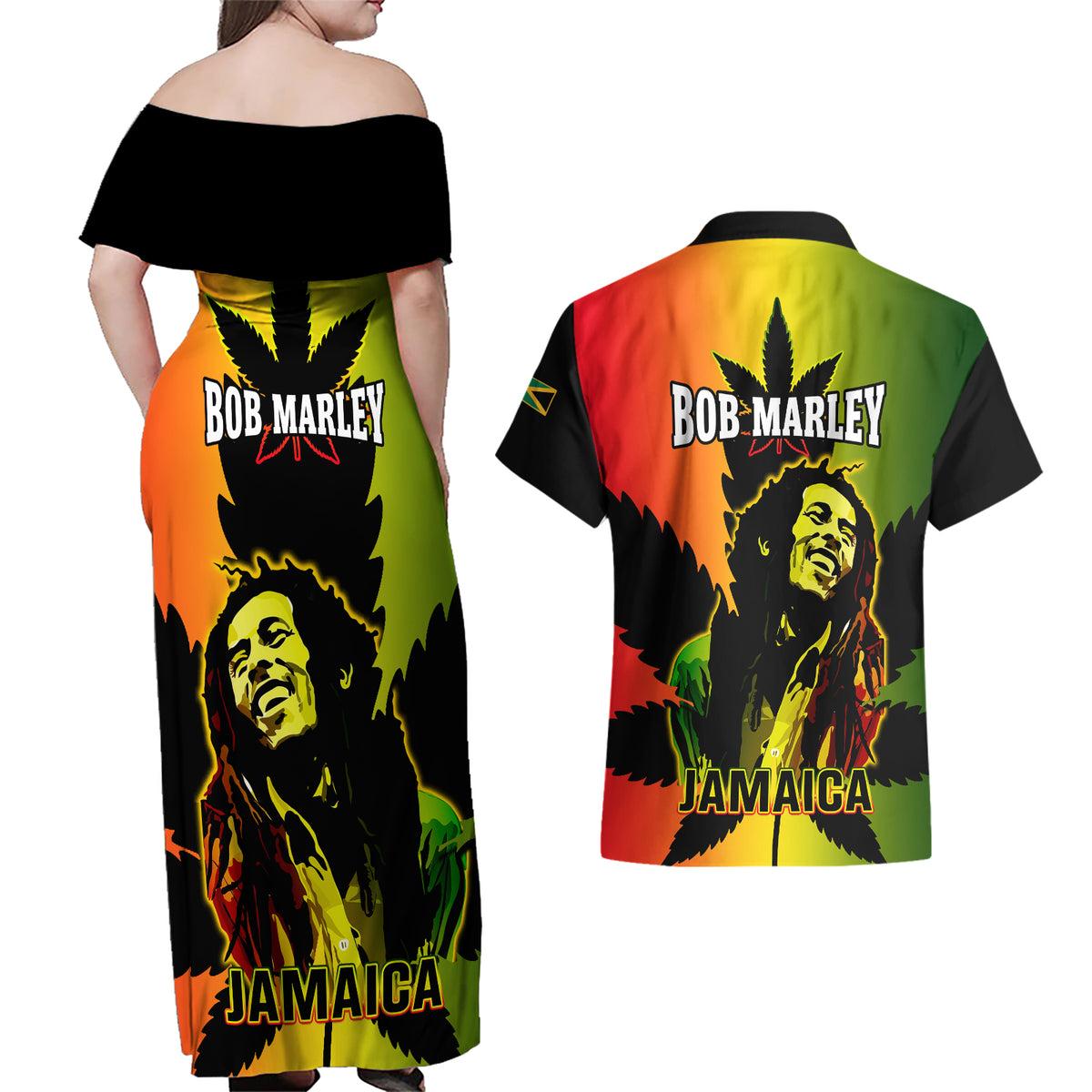 Jamaica Legend Bob Couples Matching Off Shoulder Maxi Dress and Hawaiian Shirt The King Of Reggae - Wonder Print Shop
