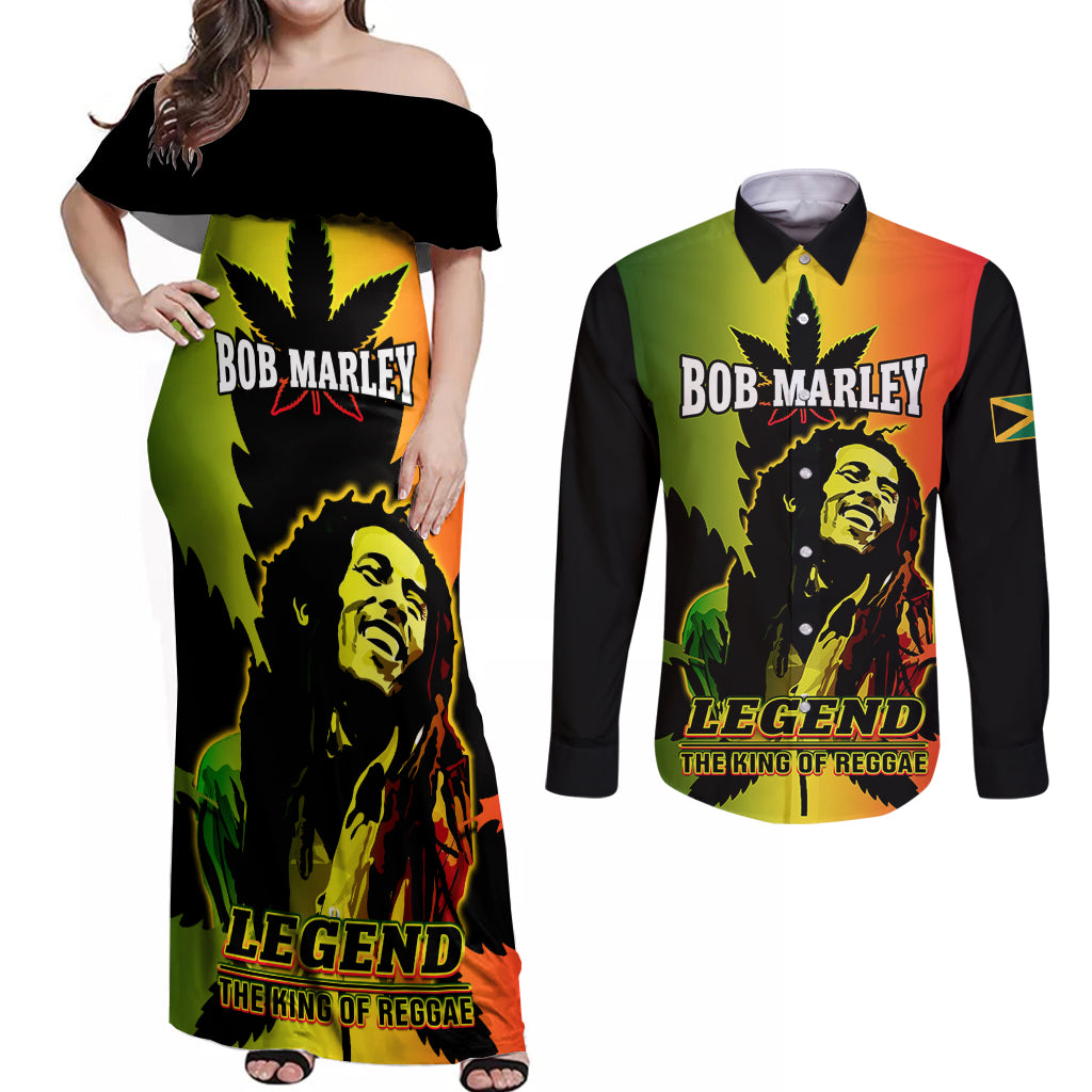 Jamaica Legend Bob Couples Matching Off Shoulder Maxi Dress and Long Sleeve Button Shirts The King Of Reggae - Wonder Print Shop