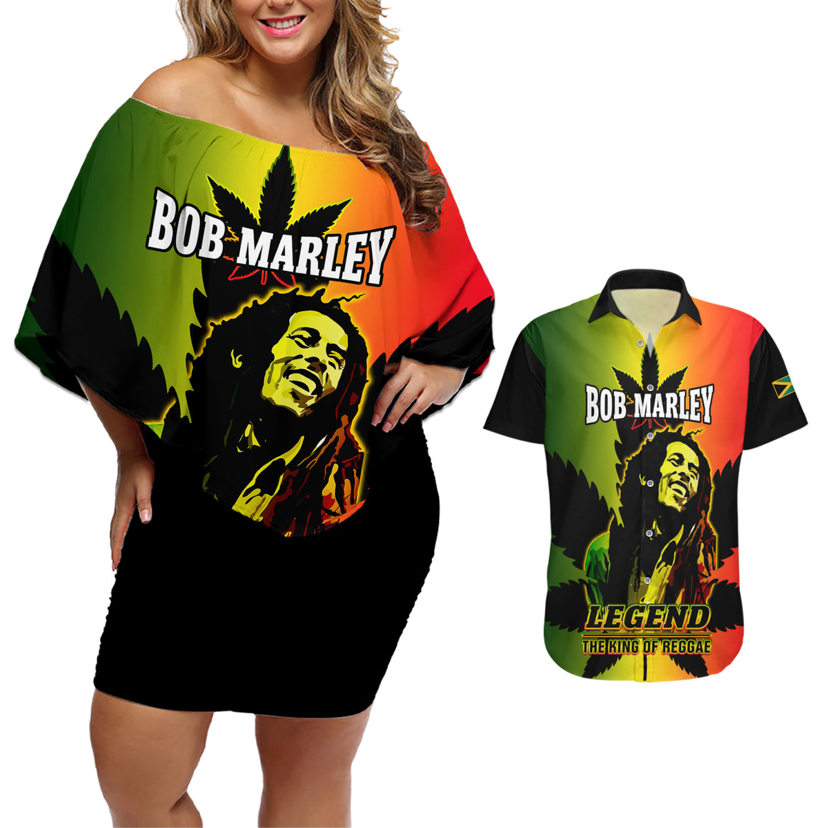 Jamaica Legend Bob Couples Matching Off Shoulder Short Dress and Hawaiian Shirt The King Of Reggae - Wonder Print Shop