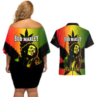 Jamaica Legend Bob Couples Matching Off Shoulder Short Dress and Hawaiian Shirt The King Of Reggae - Wonder Print Shop