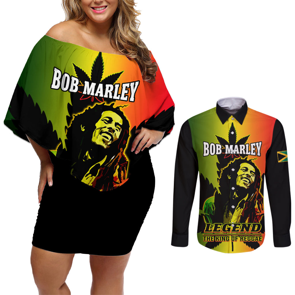 Jamaica Legend Bob Couples Matching Off Shoulder Short Dress and Long Sleeve Button Shirts The King Of Reggae - Wonder Print Shop