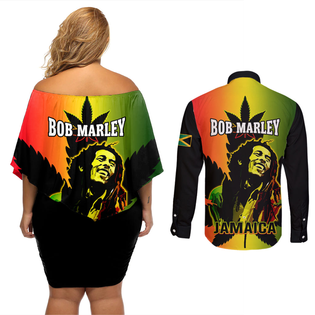 Jamaica Legend Bob Couples Matching Off Shoulder Short Dress and Long Sleeve Button Shirts The King Of Reggae - Wonder Print Shop