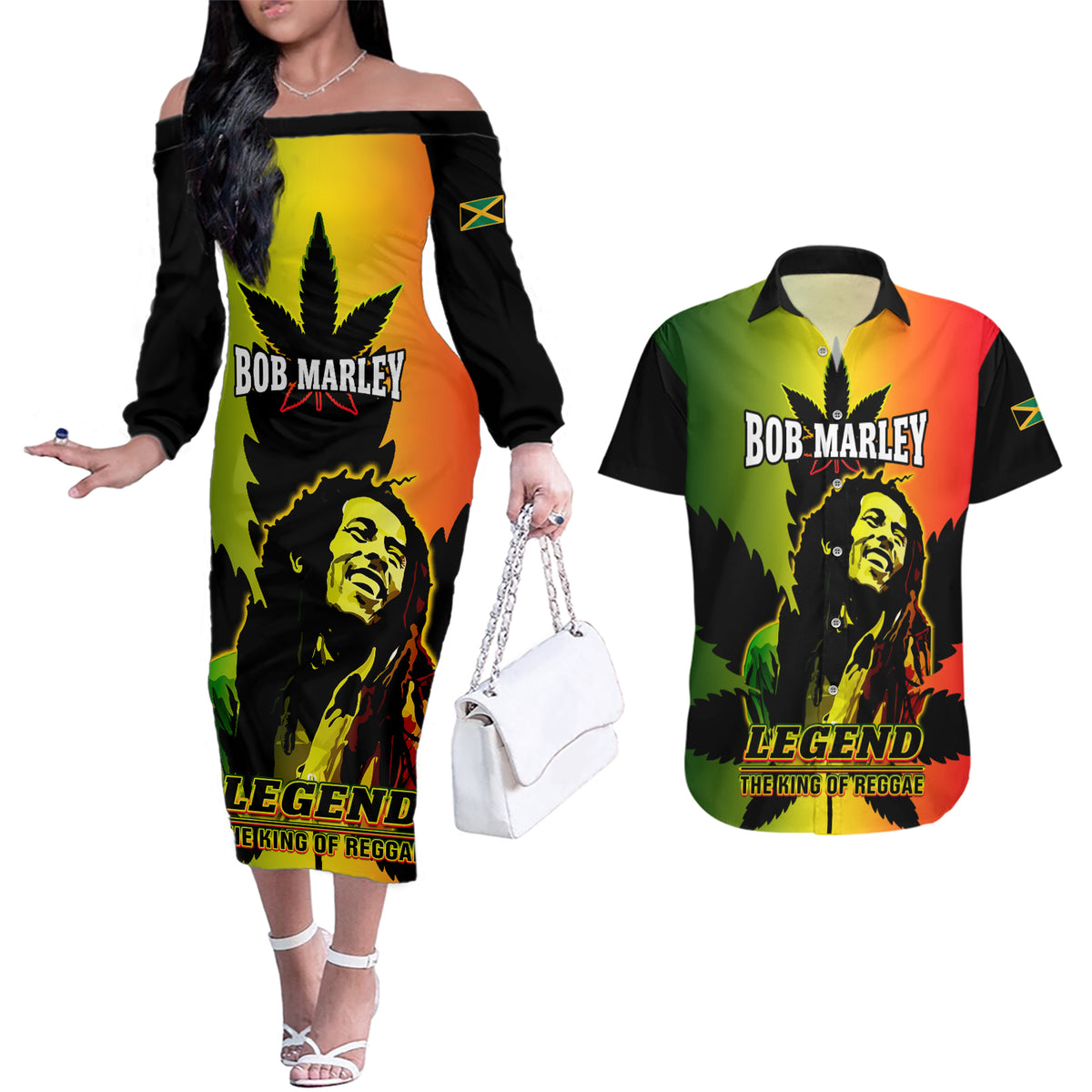 Jamaica Legend Bob Couples Matching Off The Shoulder Long Sleeve Dress and Hawaiian Shirt The King Of Reggae - Wonder Print Shop