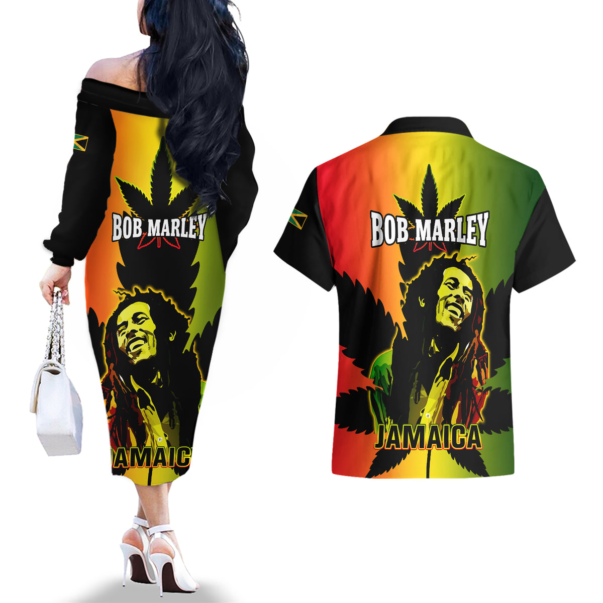 Jamaica Legend Bob Couples Matching Off The Shoulder Long Sleeve Dress and Hawaiian Shirt The King Of Reggae - Wonder Print Shop